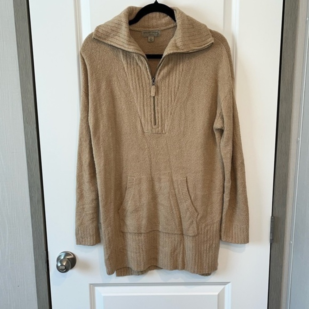 Barefoot Dreams CozyChic Lite High Rib Half Zip Tunic Biscotti Size M Cozy